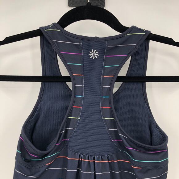Athleta Navy Blue Multicolor Stripe Ties Racerback Built In Bra Tinker Tank Top - Picture 10 of 10